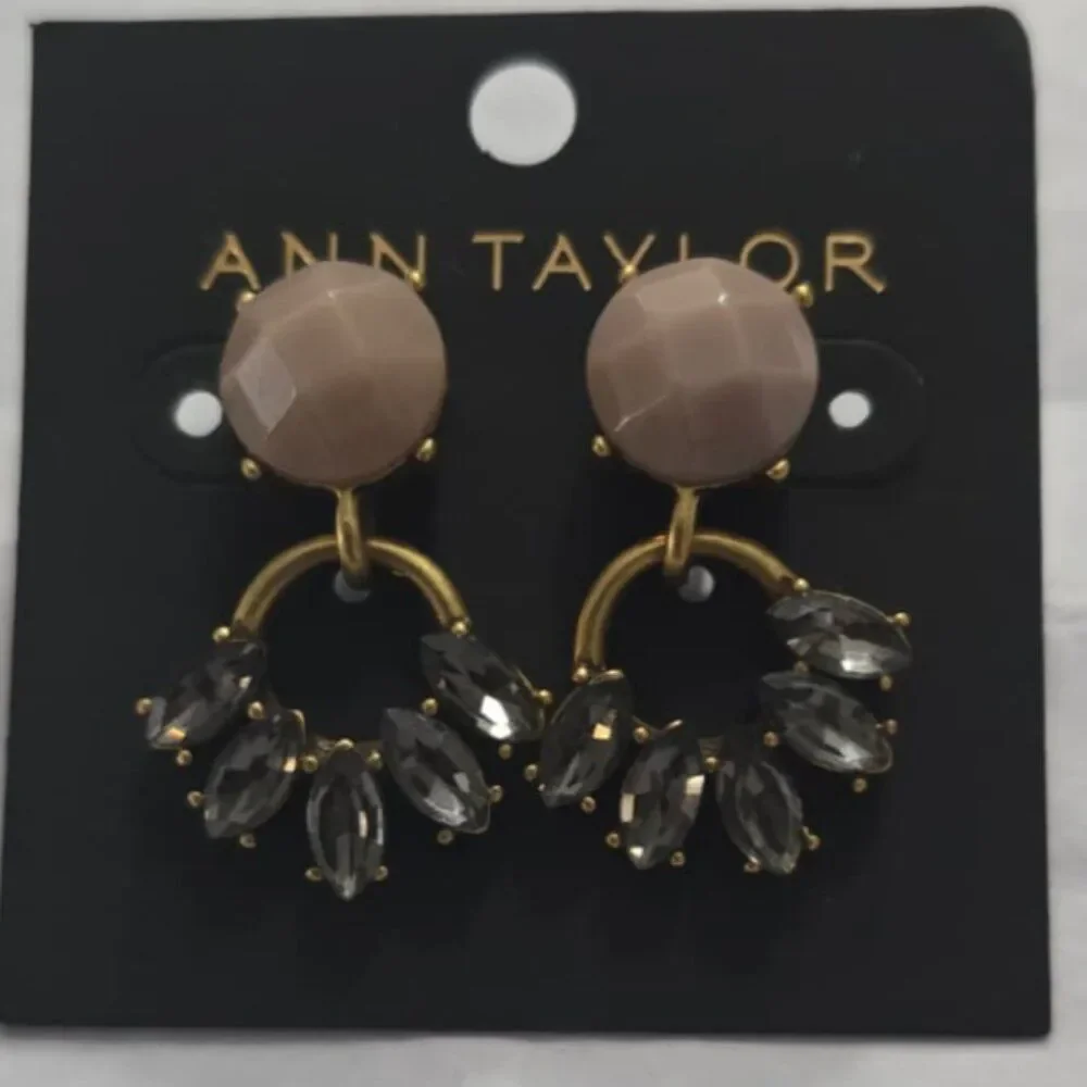 Ann Taylor Statement Stud Hoop Earrings – Elegant Neutral + Crystal‎ Sparkle